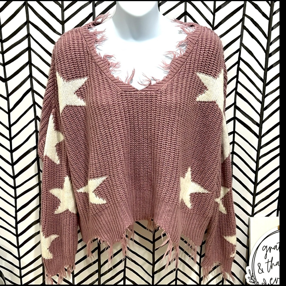 Poly&Esther Mauve Pink White Creamy Stars Oversized Cropped Sweater, Size Large